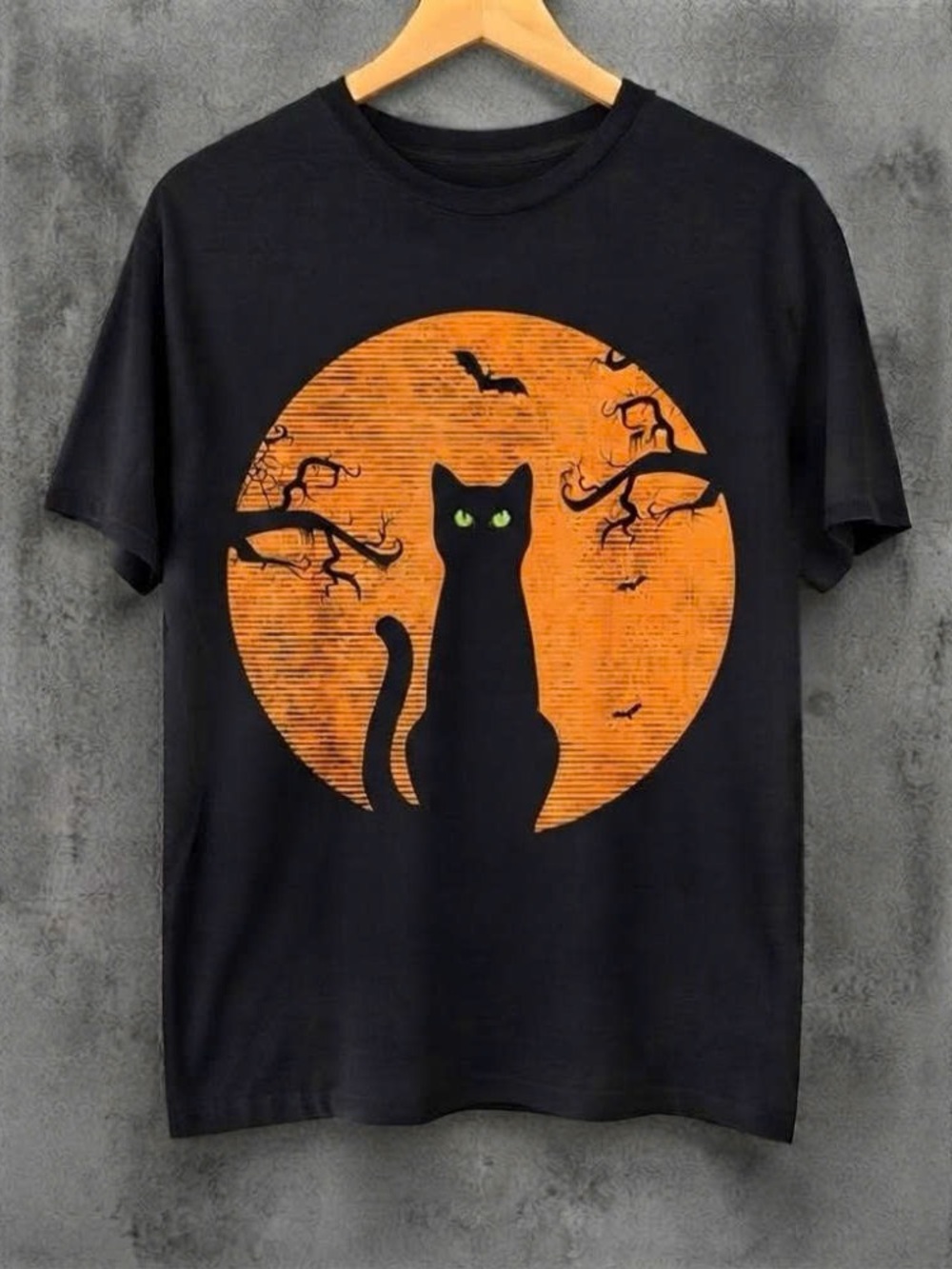 Black Cat Halloween T-Shirt with Orange Moon